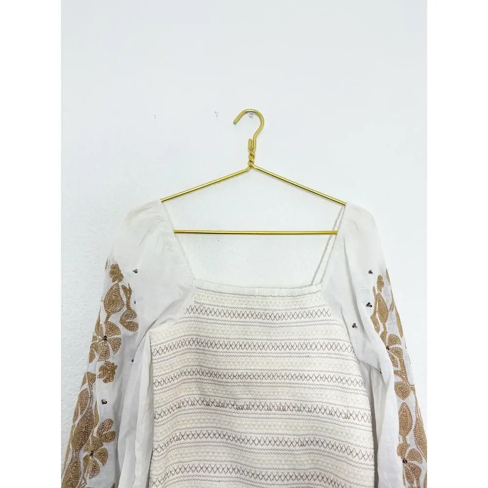 NWT Anthropologie Smocked Embroidered Top Size Small Cream Sequin Boho Chic